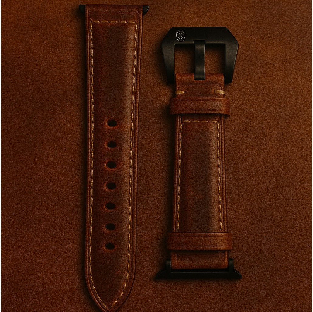 Apple Watch tan leather strap with reinforced stitching and black hardware, premium replacement band shown in full front and back view.