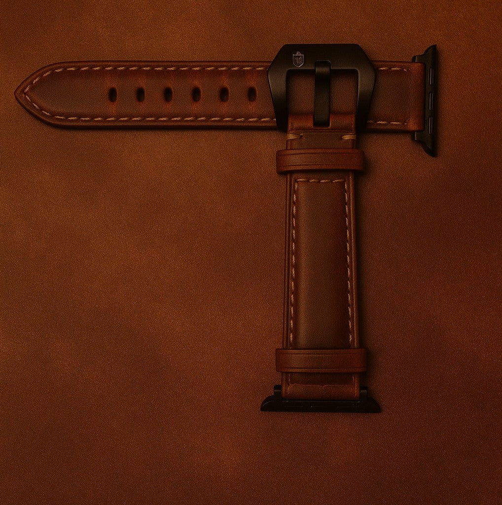 Apple Watch tan leather strap with reinforced stitching and matte black buckle, premium replacement band for Apple Watch.