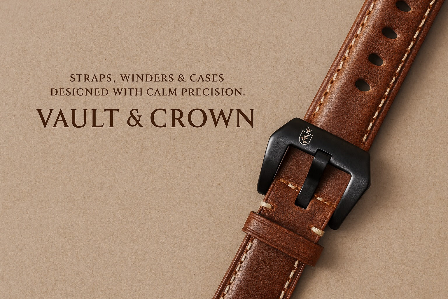 Brown leather apple watch strap with black buckle on a beige background, featuring 'Vault & Crown' branding.