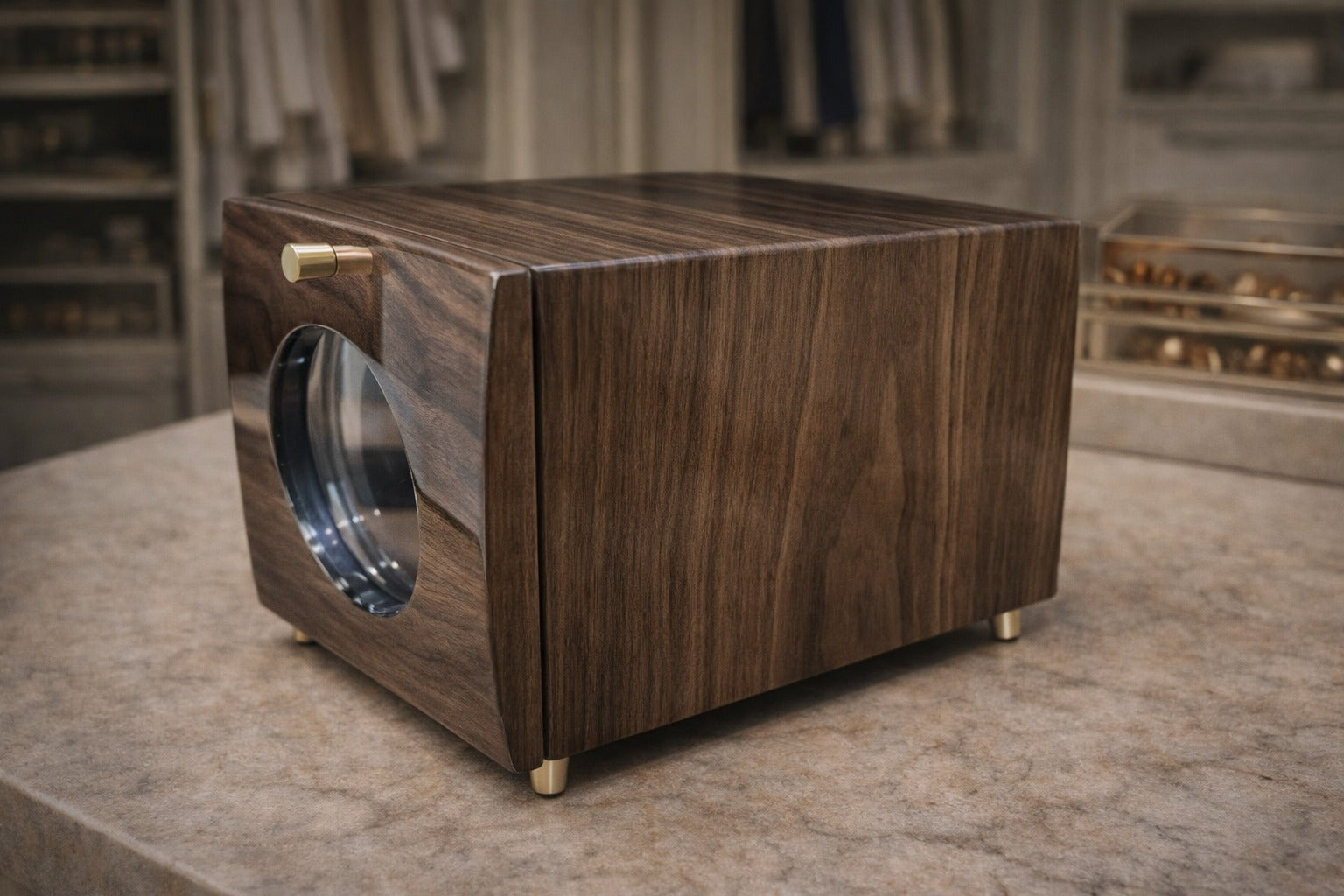 Single-slot automatic watch winder in polished dark wood with glass display window and gold accents, luxury storage for mechanical watches.
