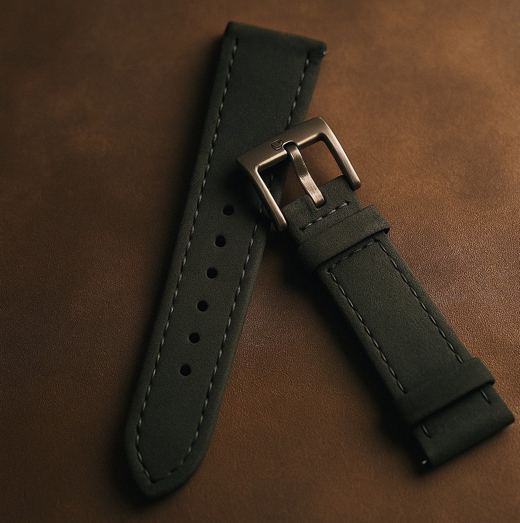 Top grain grey leather watch strap with premium stitching and brushed steel buckle, classic replacement band for dress and everyday watches.