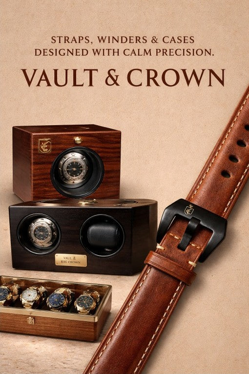 Watch straps, watch winders, and watch cases with 'Vault & Crown' branding on a beige background.